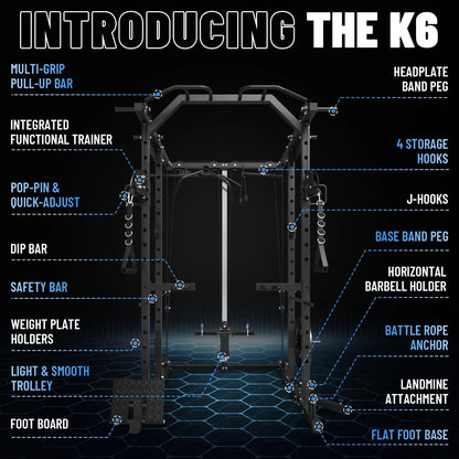 Power Rack Cage, 1500LBS Weight Cage with 800LB Capacity Adjustable Weight Bench, Multi-Function Workout Rack Cage with Storage System, J-Hook, Band Peg, Battle Rope Ring Home Gym